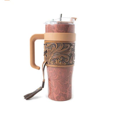Myra Bag S-12056 Wide Wyoming Tumbler with Hand Tooling, 1 L, Spill-Resistant Lid, Thermostat Steel, Brown