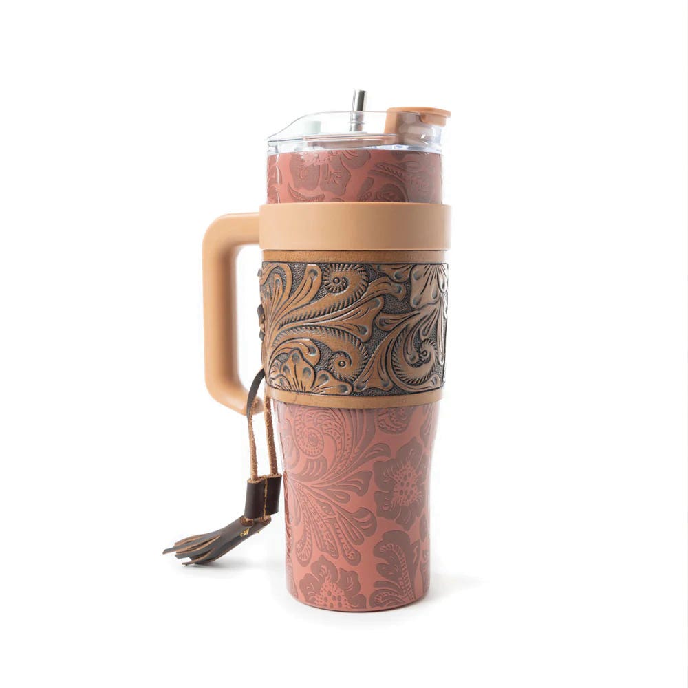 Myra Bag S-12056 Wide Wyoming Tumbler with Hand Tooling, 1 L, Spill-Resistant Lid, Thermostat Steel, Brown
