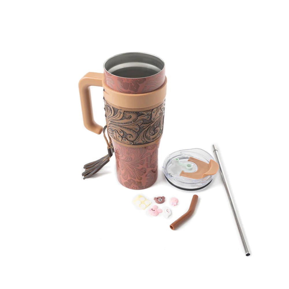Myra Bag S-12056 Wide Wyoming Tumbler with Hand Tooling, 1 L, Spill-Resistant Lid, Thermostat Steel, Brown