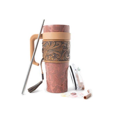 Myra Bag S-12056 Wide Wyoming Tumbler with Hand Tooling, 1 L, Spill-Resistant Lid, Thermostat Steel, Brown