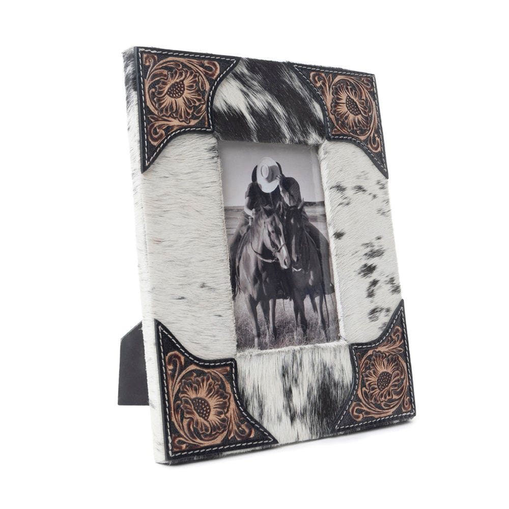 Myra Bag S-11942 Photo Frame, 8 in W, Hairon/Leather/Wood, Black/White