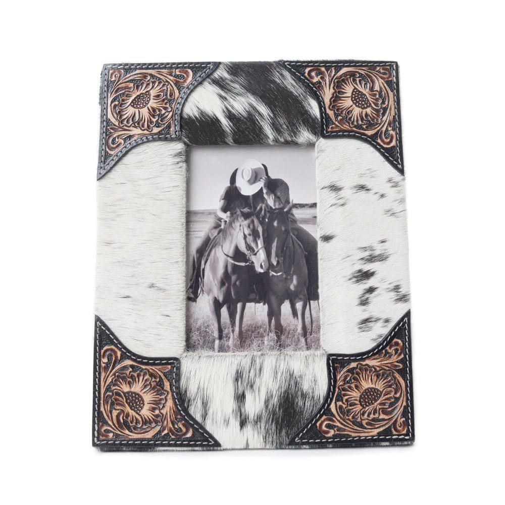 Myra Bag S-11942 Photo Frame, 8 in W, Hairon/Leather/Wood, Black/White