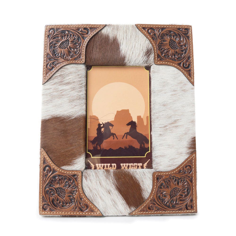 Myra Bag S-11943 Photo Frame, 8 in W, Hairon/Leather/Wood, Brown/White