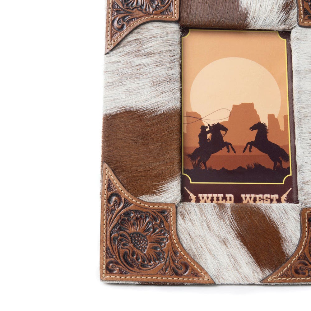 Myra Bag S-11943 Photo Frame, 8 in W, Hairon/Leather/Wood, Brown/White