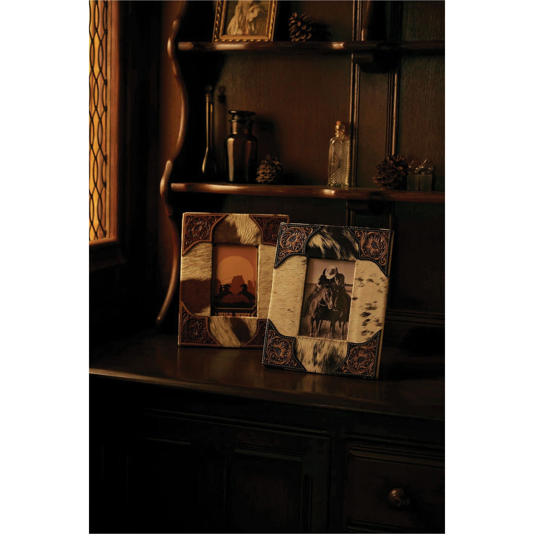 Myra Bag S-11943 Photo Frame, 8 in W, Hairon/Leather/Wood, Brown/White