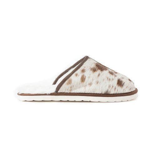 Myra Bag Swift Ridge House Series S-11998-8 Slippers, 8, Brown/White, Cowhide/Hairon