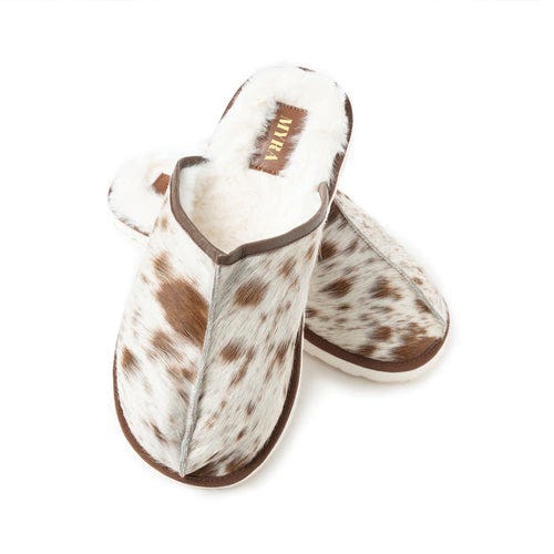 Myra Bag Swift Ridge House Series S-11998-6 Slippers, 6, Brown/White, Cowhide/Hairon
