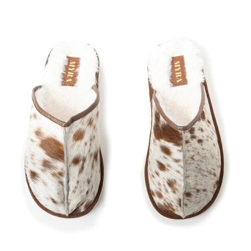 Myra Bag Swift Ridge House Series S-11998-8 Slippers, 8, Brown/White, Cowhide/Hairon