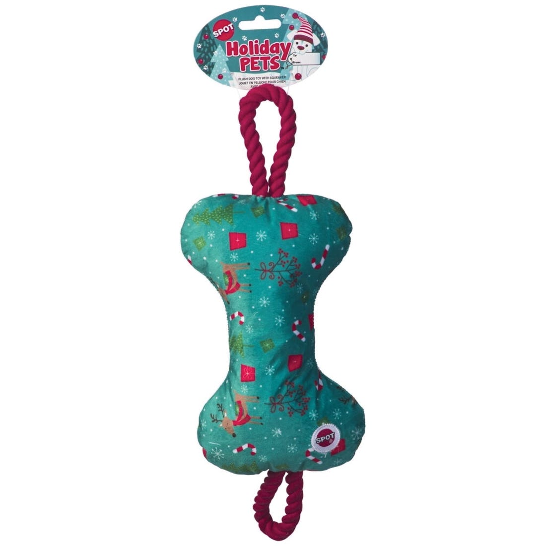 Spot 54938 Dog Toy, 14 in, Squeaker, Holiday Bones with Rope, Assorted