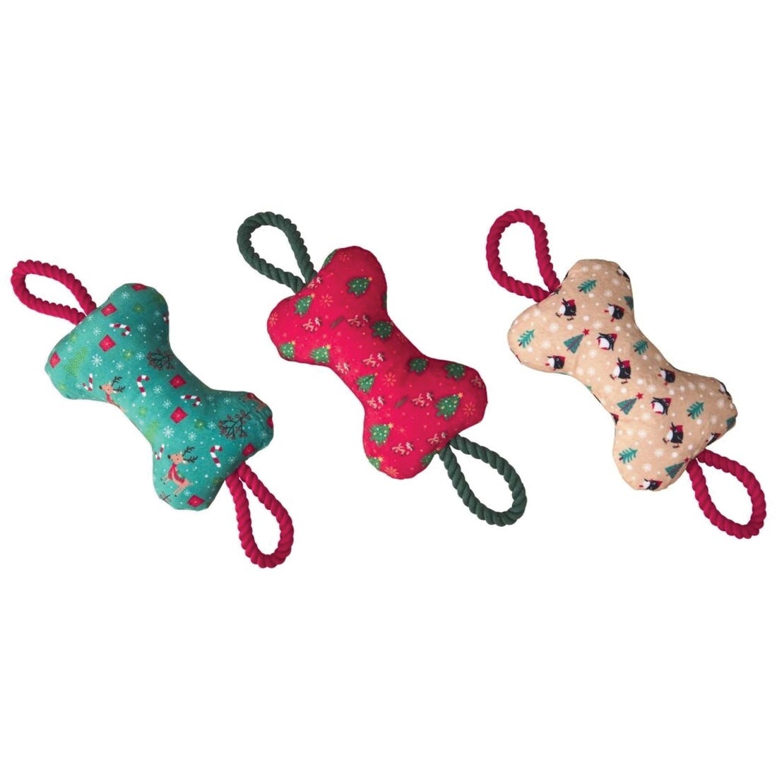 Spot 54938 Dog Toy, 14 in, Squeaker, Holiday Bones with Rope, Assorted