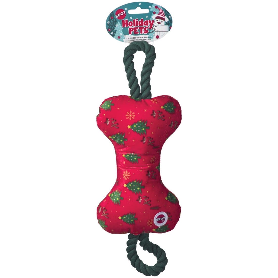 Spot 54938 Dog Toy, 14 in, Squeaker, Holiday Bones with Rope, Assorted
