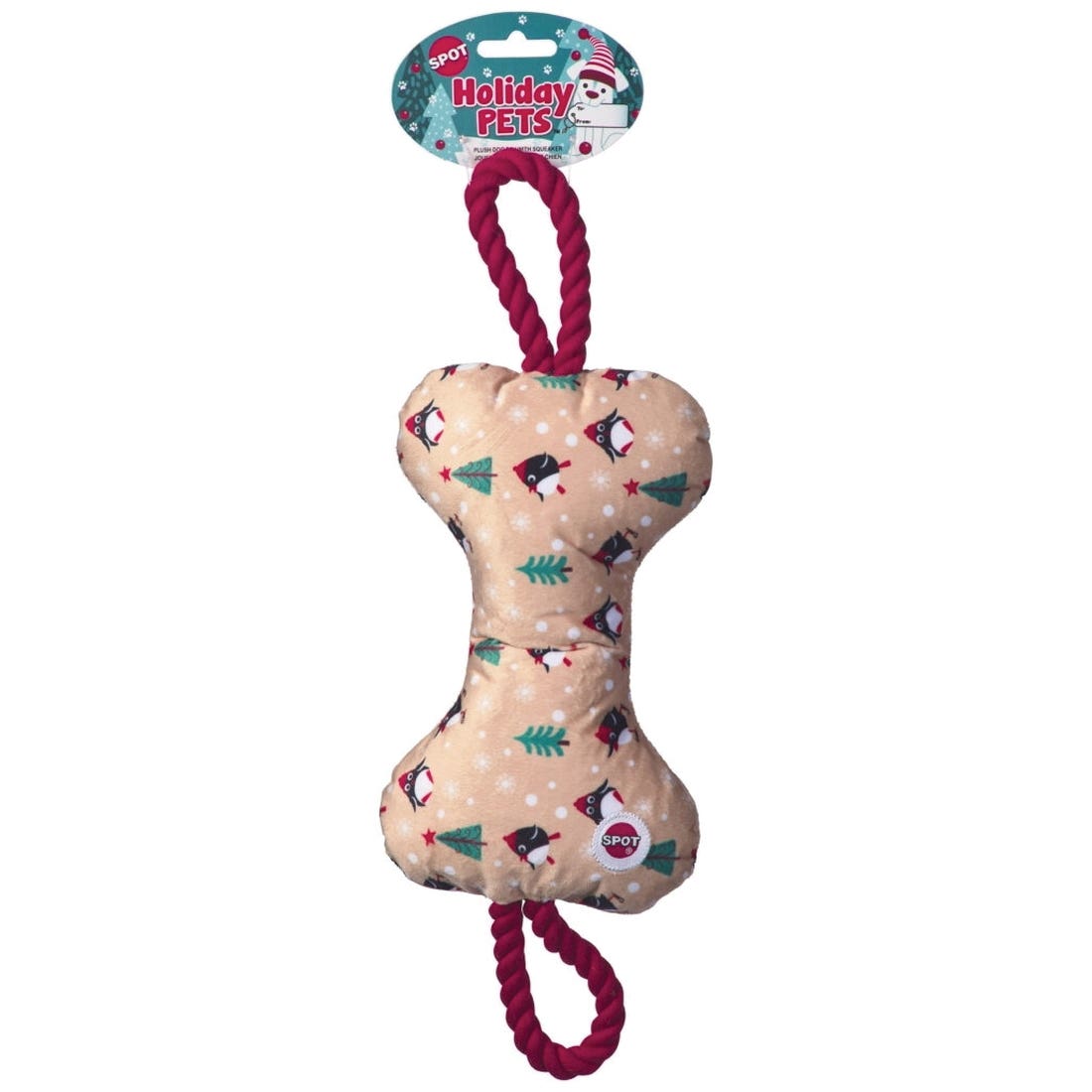Spot 54938 Dog Toy, 14 in, Squeaker, Holiday Bones with Rope, Assorted
