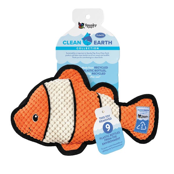Spunky Pup Clean Earth Series 7232 Dog Toy, 100% Sustainable, Plush, Textured, Clownfish, PETE