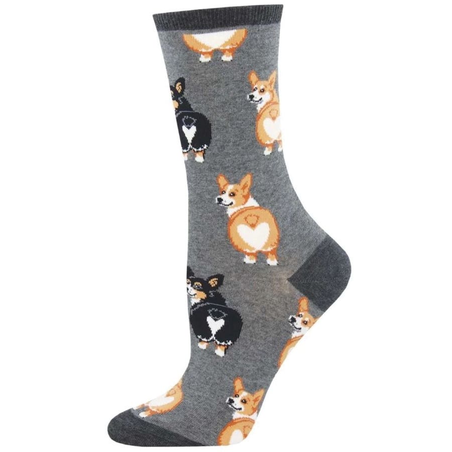 Socksmith Corgi Butt Crew Socks, Women's, One-Size, Cotton/Nylon/Spandex, Charcoal Heather