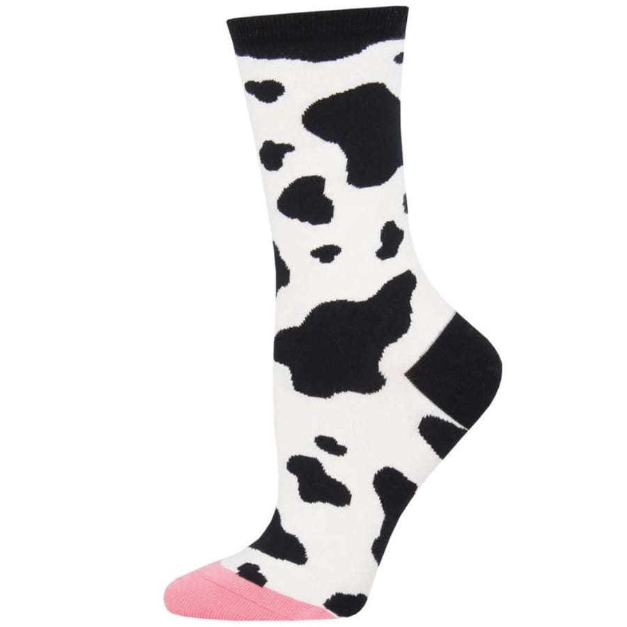 Socksmith Moooo Crew Socks, Women's, One-Size, Cotton/Nylon/Spandex, Black/White