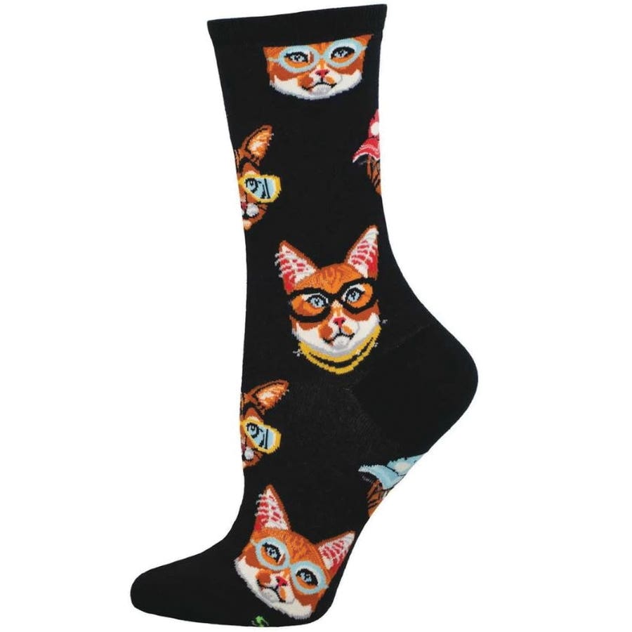 Socksmith One Cool Cat Crew Socks, Women's, One-Size, Cotton/Nylon/Spandex, Black