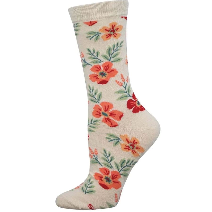 Socksmith Bamboo Series Wild Flowers Crew Socks, Women's, One-Size, Nylon/Rayon/Spandex, Ivory
