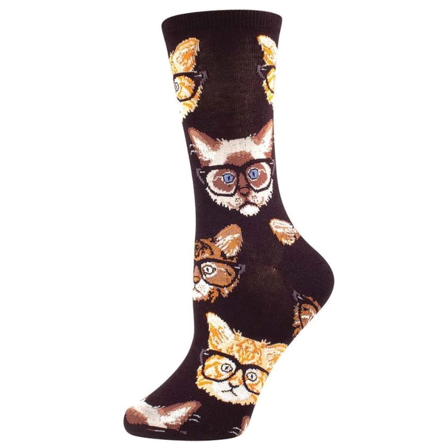 Socksmith Kittenster Crew Socks, Women's, One-Size, Cotton/Nylon/Spandex, Black/Brown