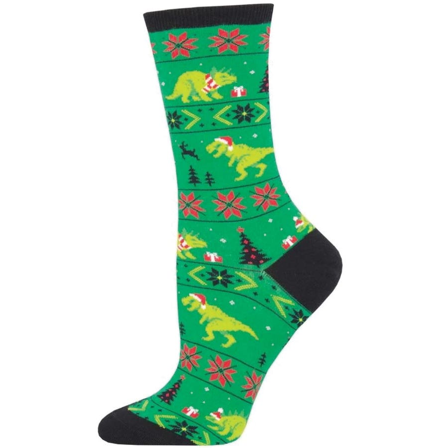 Socksmith Santasaurus Rex Crew Socks, Women's, One-Size, Cotton/Nylon/Spandex, Green