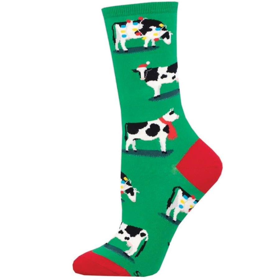 Socksmith Holy Cow It's Christmas Crew Socks, Women's, One-Size, Cotton/Nylon/Spandex, Green/Red