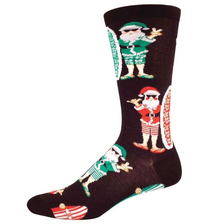 Socksmith Surf Santa Crew Socks, Men's, One-Size, Cotton/Nylon/Spandex, Black