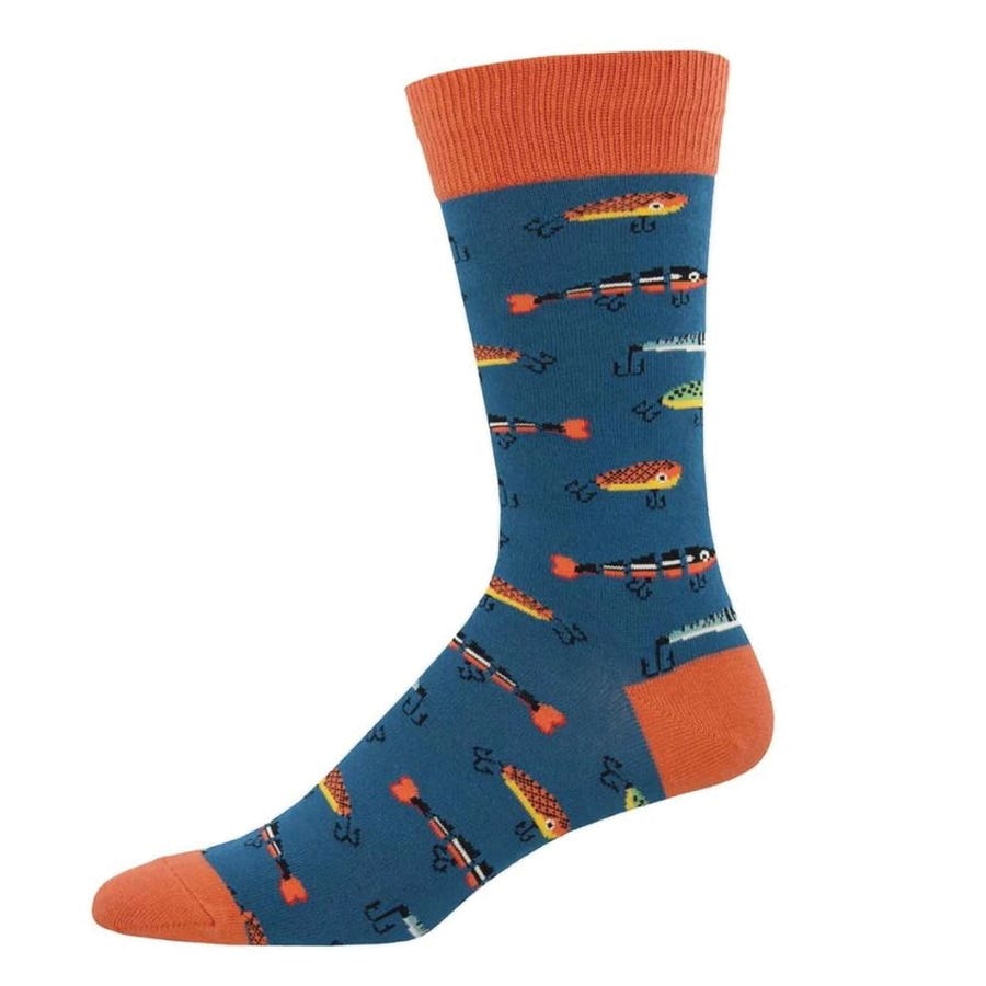 Socksmith Just Fishing Crew Socks, Men's, One-Size, Cotton/Nylon/Spandex, Blue