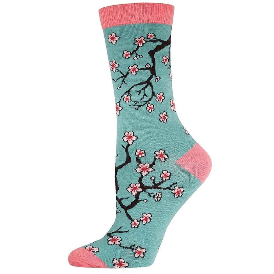 Socksmith Bamboo Series Cherry Blossoms Crew Socks, Women's, One-Size, Cotton/Nylon/Spandex, Jade Green