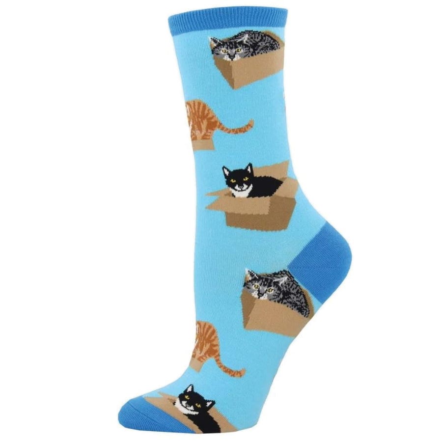 Socksmith Cat In a Box Crew Socks, Women's, One-Size, Cotton/Nylon/Spandex, Azure