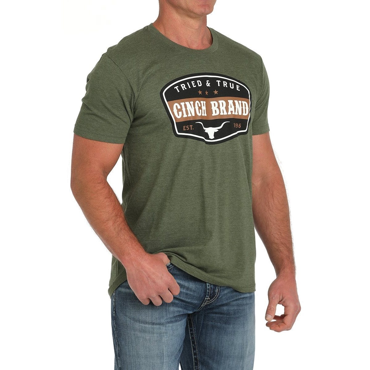Cinch Men's T-Shirt, L, Cotton/Polyester, Olive, Tried and True CINCH Brand Front Screen Print, Crew Neck