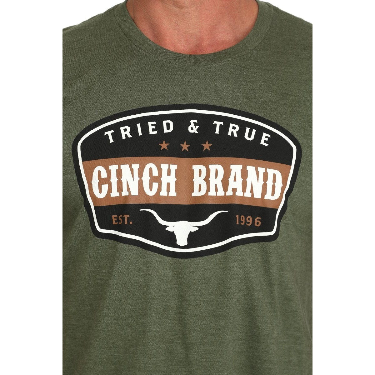 Cinch Men's T-Shirt, 2XL, Cotton/Polyester, Olive, Tried and True CINCH Brand Front Screen Print, Crew Neck