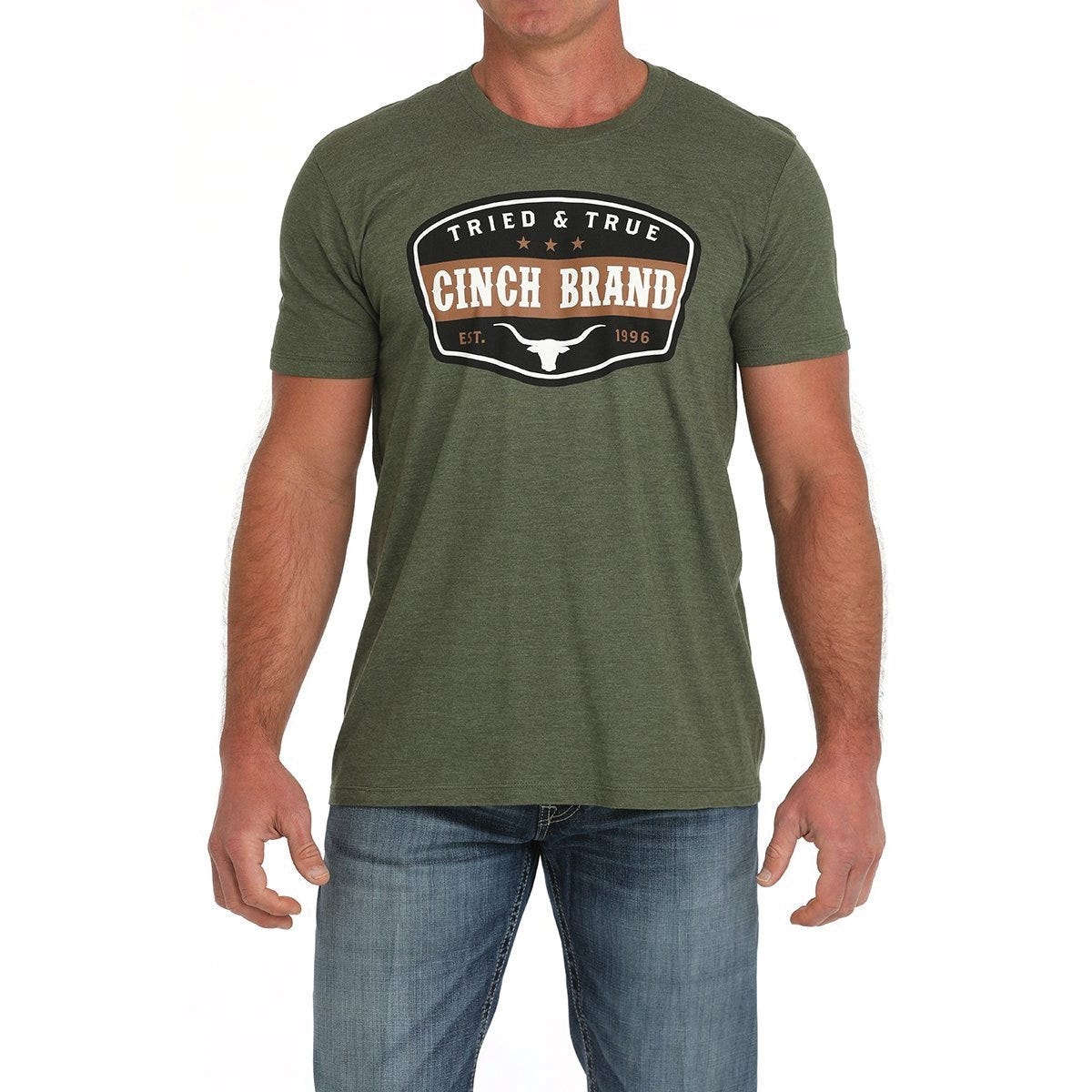 Cinch Men's T-Shirt, 2XL, Cotton/Polyester, Olive, Tried and True CINCH Brand Front Screen Print, Crew Neck