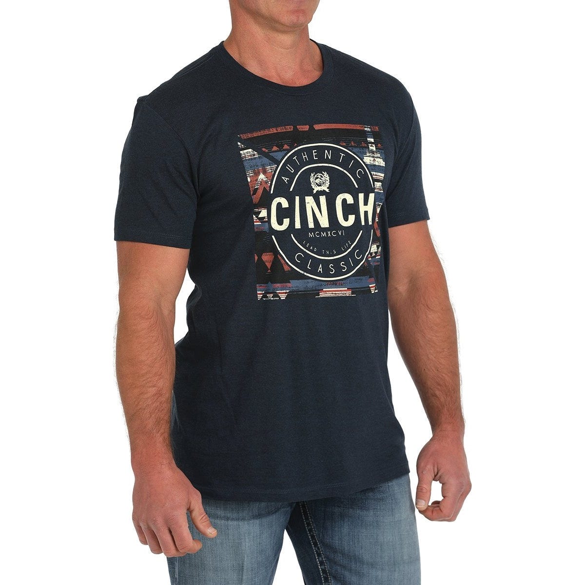 Cinch Men's T-Shirt, XL, Cotton/Polyester, Navy, CINCH Authentic Classic Front Screen Print, Crew Neck