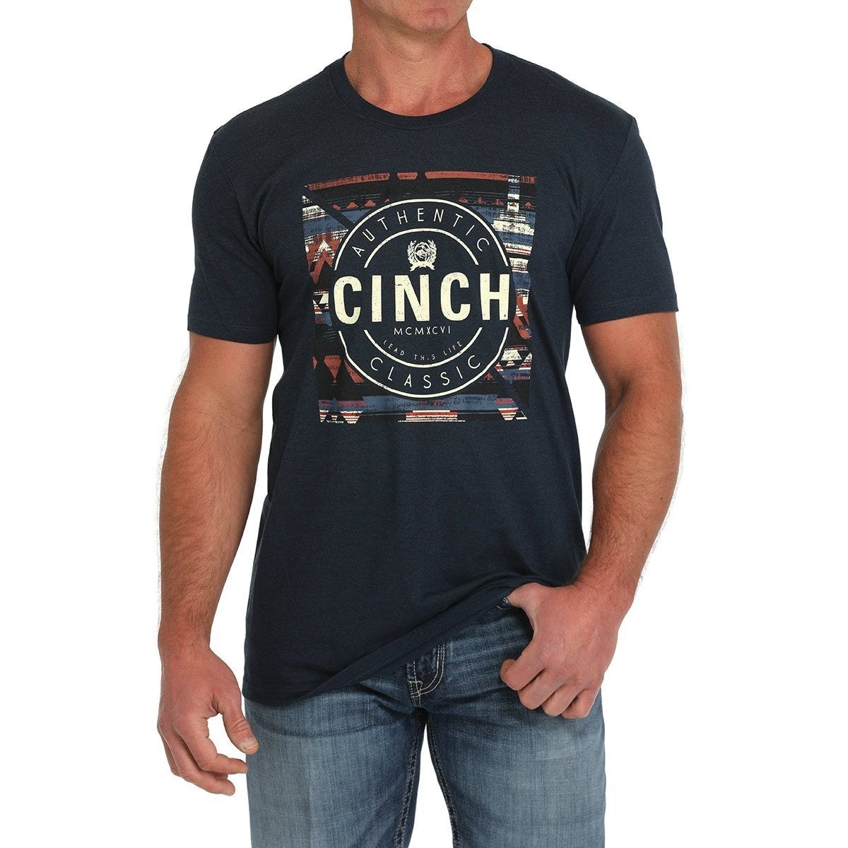Cinch Men's T-Shirt, 2XL, Cotton/Polyester, Navy, CINCH Authentic Classic Front Screen Print, Crew Neck