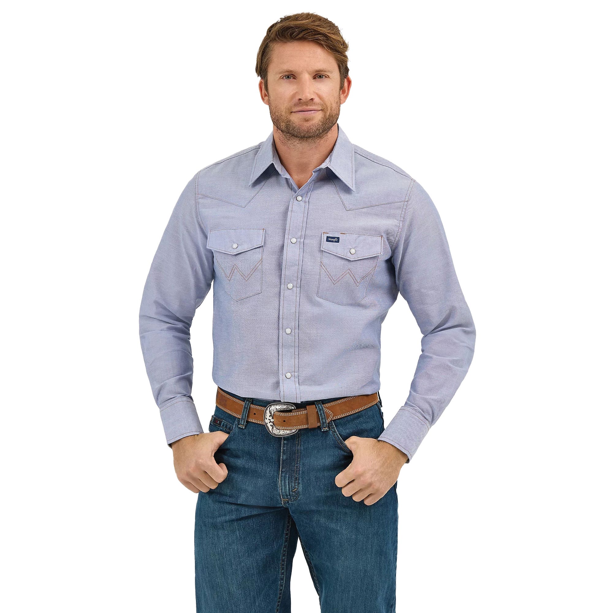Wrangler 112370330-3XL Western Shirt, 3XL, Cotton/Denim, Spread, Long Sleeve, Classic Fit, Snap Closure