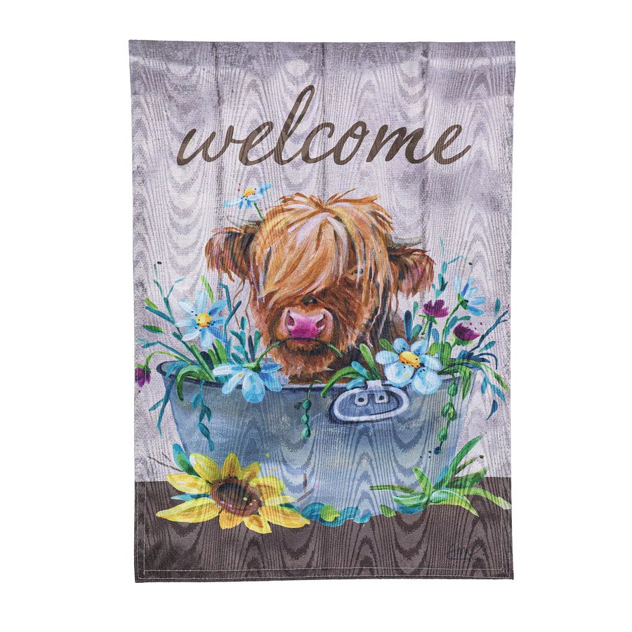 Evergreen Enterprises 14M13320 Garden Flag, 18 in L, 12-1/2 in W, Relaxing Highland Cow Moire, Welcome, Polyester Burlap