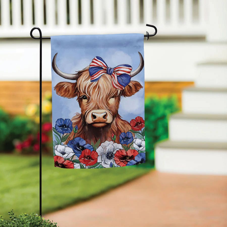 Evergreen Enterprises 1610243 Garden Flag, 18 in L, 12-1/2 in W, Patriotic Highland Cow Applique, Nylon