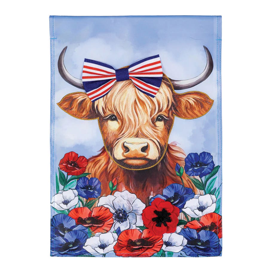 Evergreen Enterprises 1610243 Garden Flag, 18 in L, 12-1/2 in W, Patriotic Highland Cow Applique, Nylon