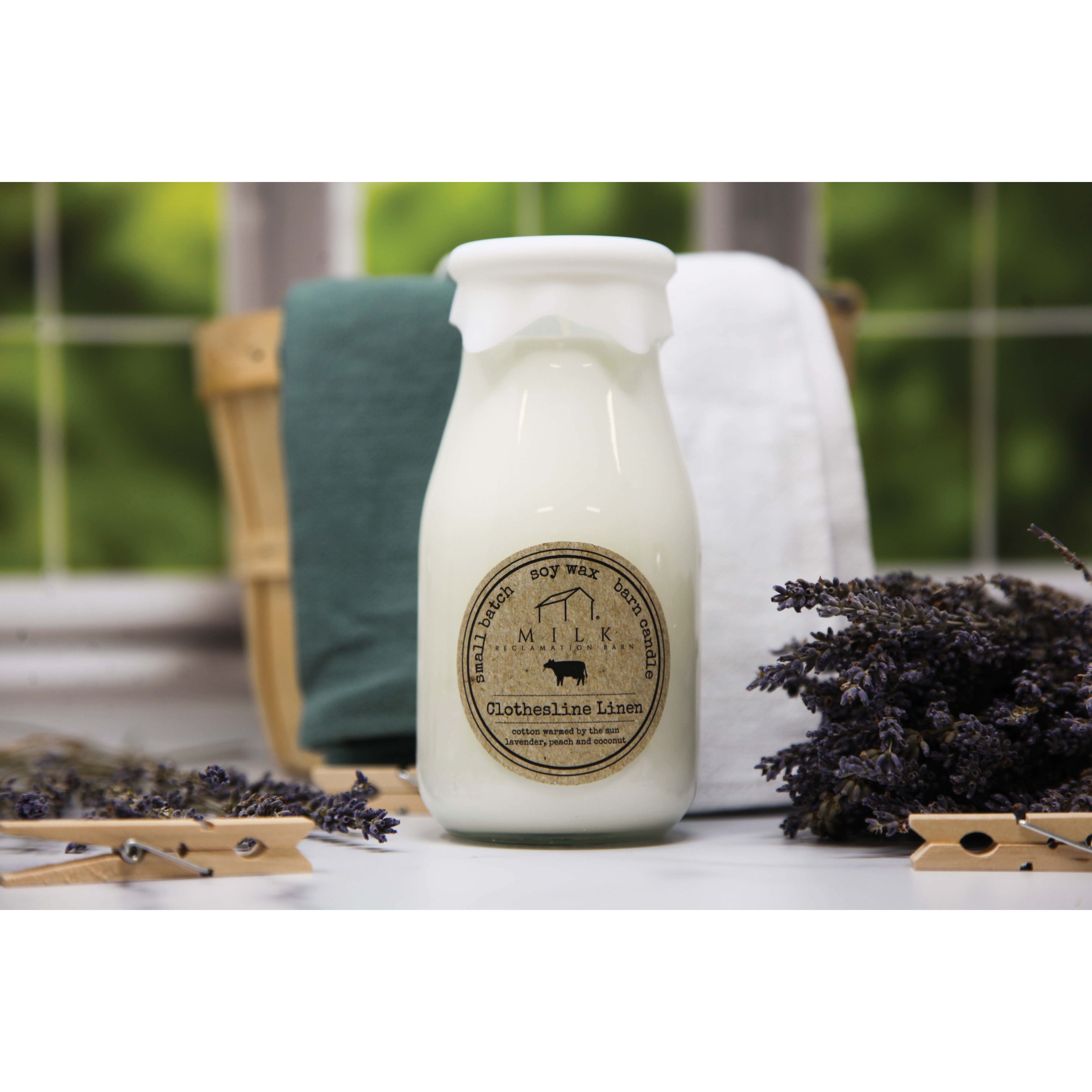 Milk Reclamation Barn MB-CL Milk Bottle Candle, 13 oz, Clothesline Linen, 100 hr