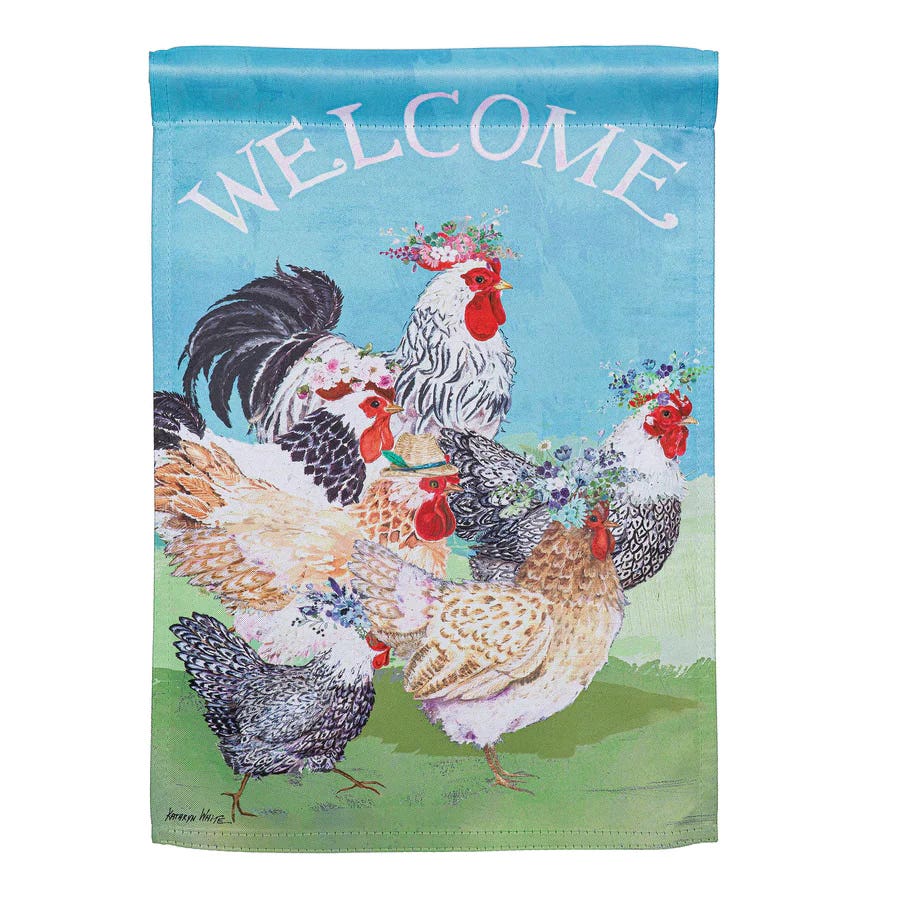 Evergreen Flag 14S12821 Garden Flag, 18 in L, 12-1/2 in W, Floral Chickens, Suede Fabric