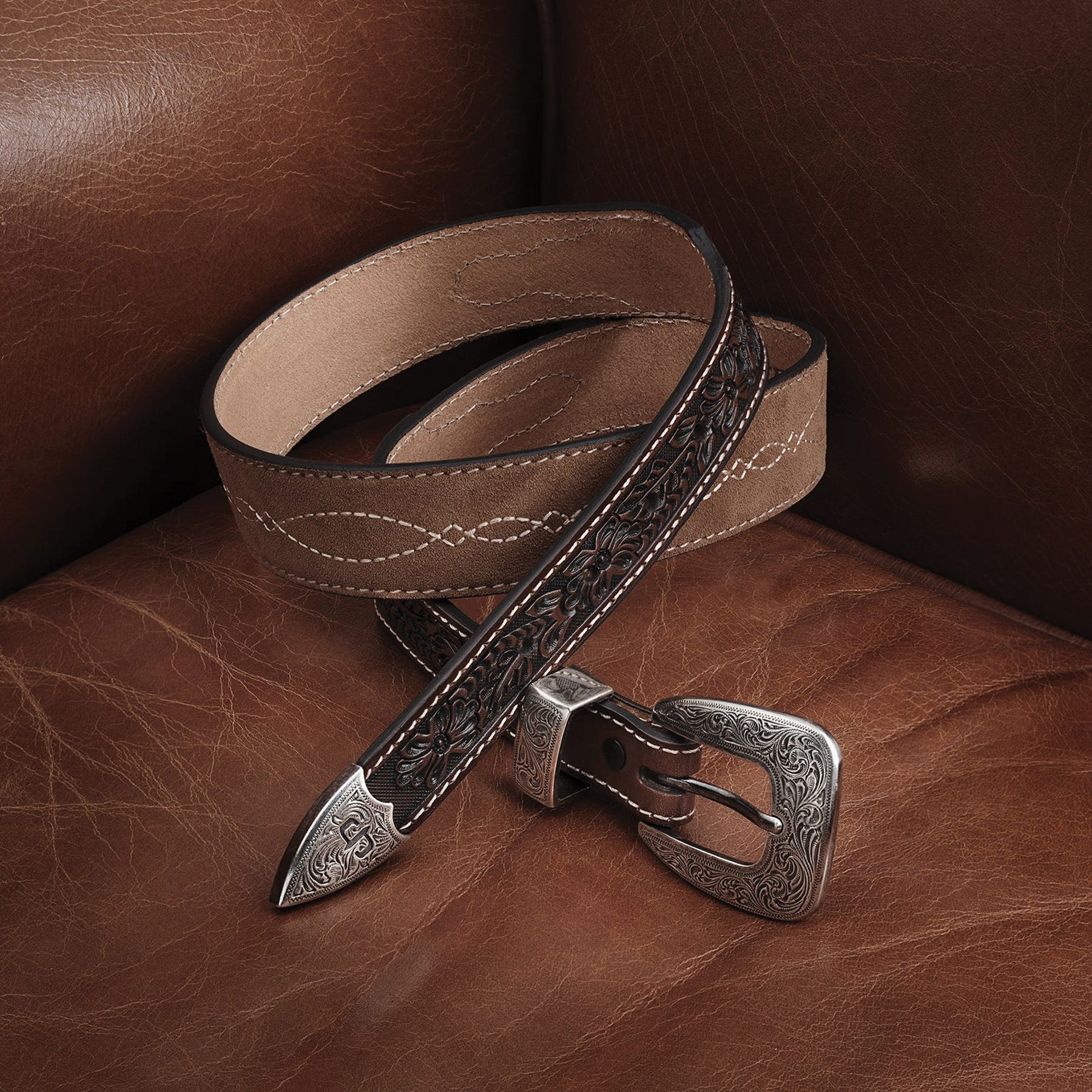 Stetson 9905500-217-42 Belt, Men's, 42 in, Silver-Tone, Leather, Brown/Sand, Buckle, Strap