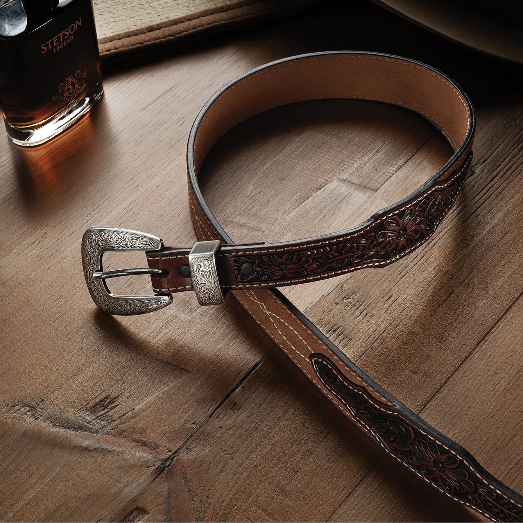 Stetson 9905500-217-44 Belt, Men's, 44 in, Silver-Tone, Leather, Brown/Sand, Buckle, Strap