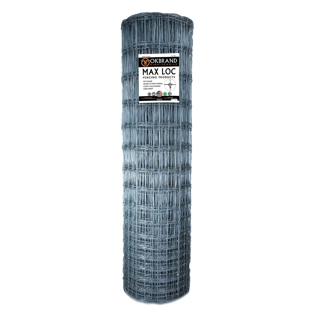 Ok Brand Max-Loc Series 1348-12-12.5 High-Tensile Fence, 330 ft L, 48 in H, Fixed Knot Mesh, 12.5 ga, Zinc Plated