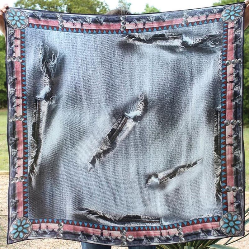Fringe Scarves Denim Pawn Silk Scarf, Mulit-Color, L