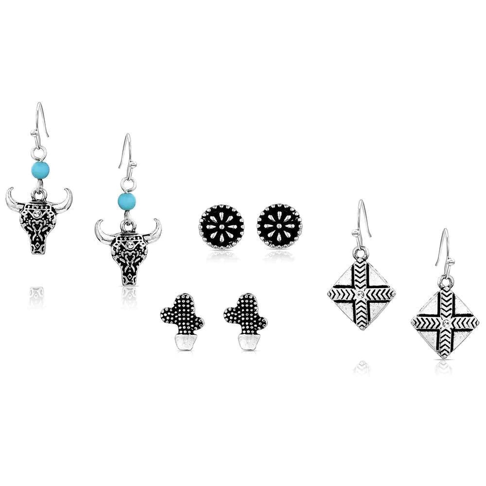 Montana Silversmiths AER6242 Earring Set, Aztec, Etched, Floral, Bead, Zirconia Crystal, Turquoise