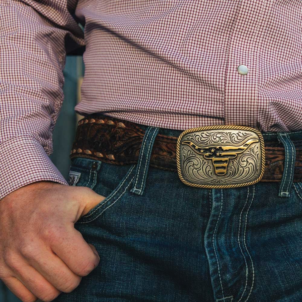 Montana Silversmiths Western Patriotic Longhorn American Flag Belt Buckle