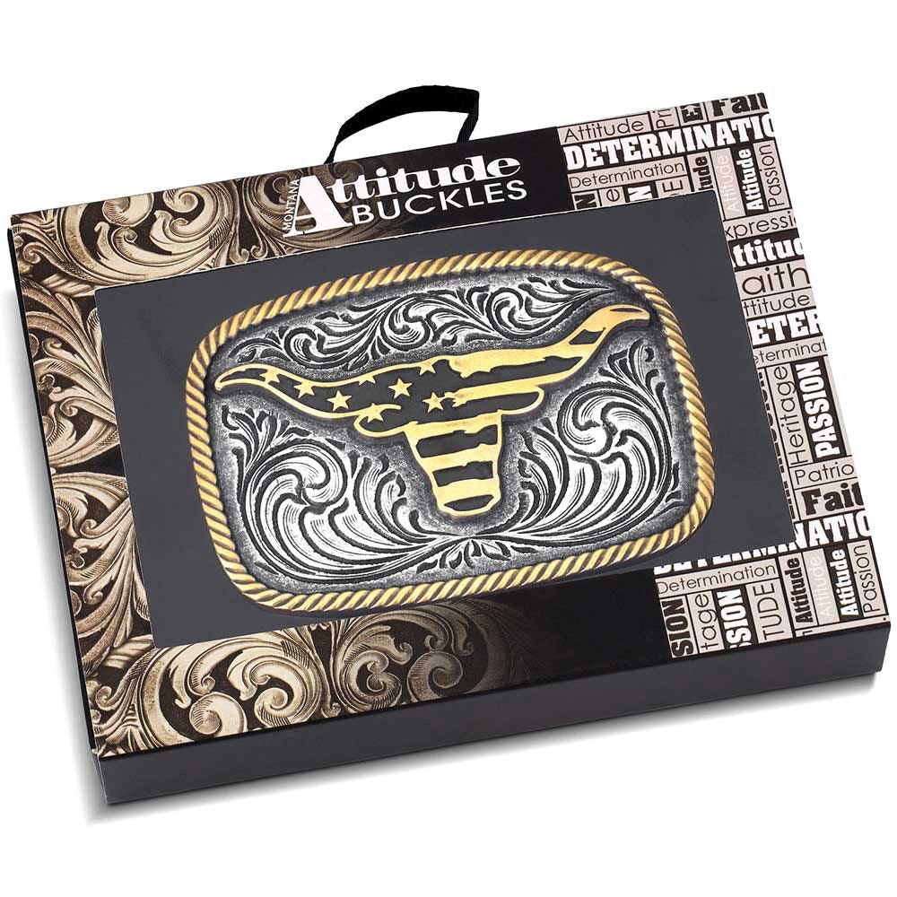 Montana Silversmiths Western Patriotic Longhorn American Flag Belt Buckle