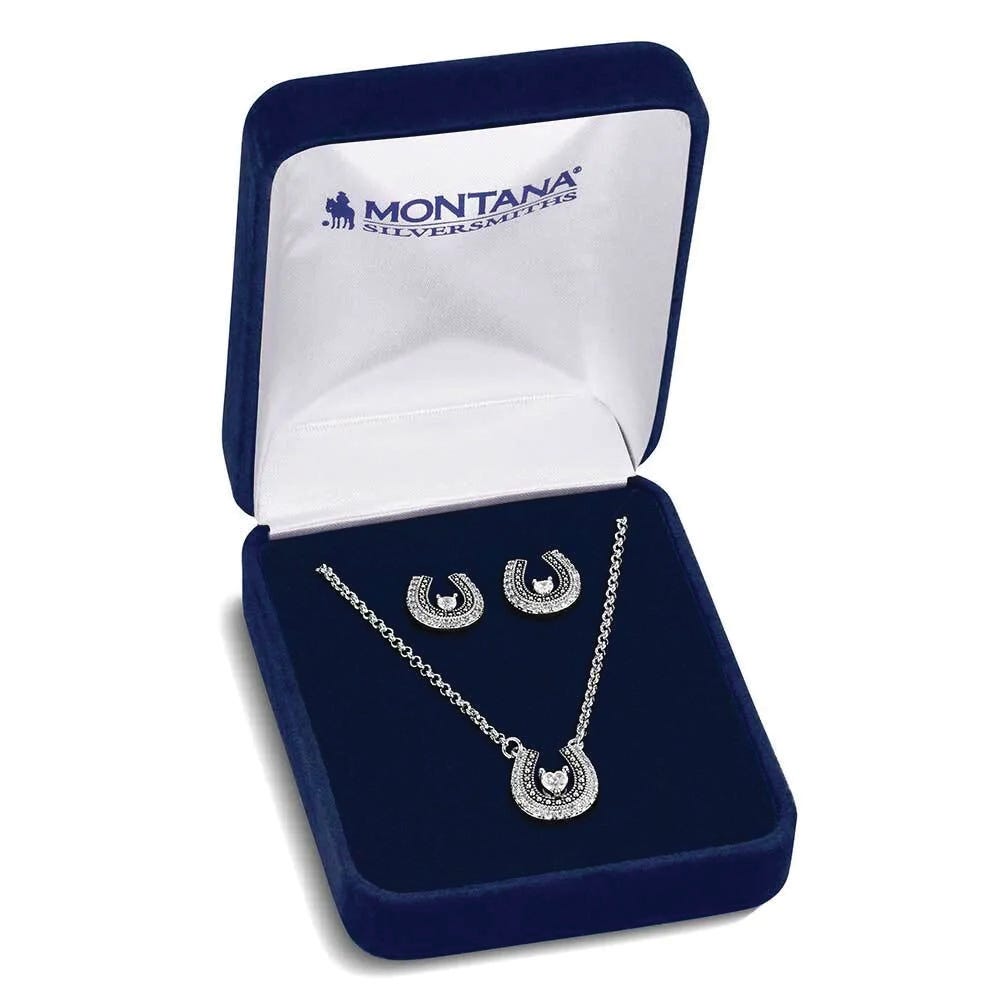 Montana Silversmiths JS6307 Jewelry Set, Horseshoes, Zirconia Crystal, Brass/Stainless Steel