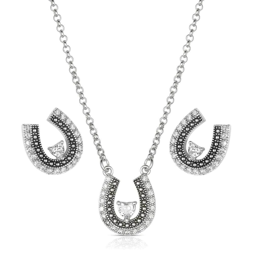Montana Silversmiths JS6307 Jewelry Set, Horseshoes, Zirconia Crystal, Brass/Stainless Steel