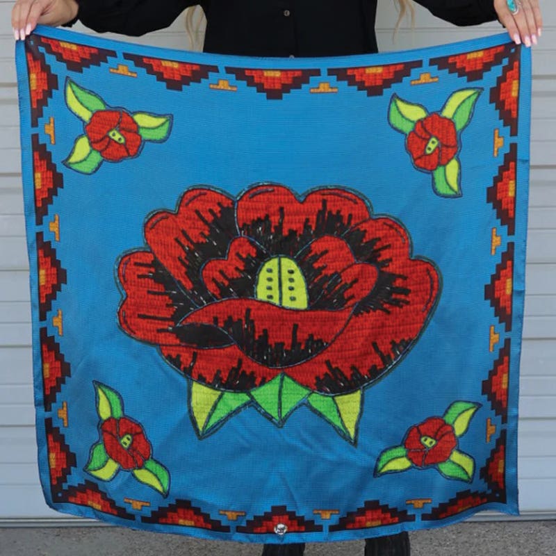 Fringe Scarves War of the Roses Silk Scarf, Turquoise, S