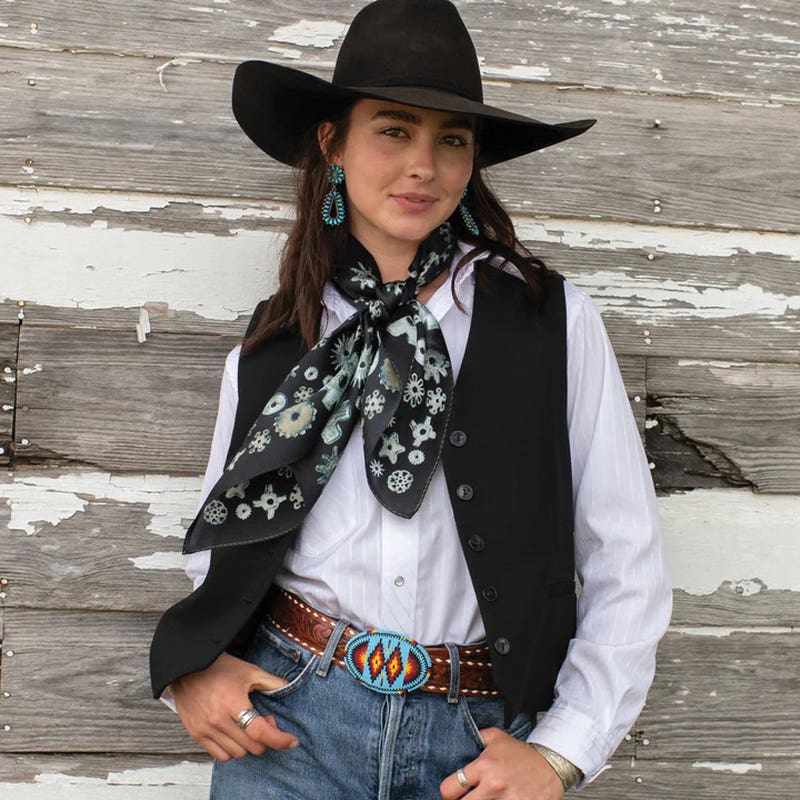 Fringe Scarves Whip and Spur Silk Scarf, Black, L